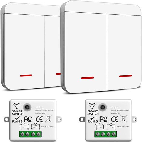 230-V-Funklichtschalter-Set – Drahtloser Sicherheitssender und -empfänger – Wasserdichter Wandschalter zum Schalten von Lampen bis 1500 W – 2 Empfänger und 12