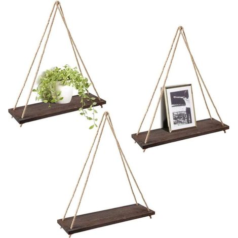 Hängende Holzregale für die Wanddekoration im Bohème-Stil, mit Aufhängeseil, rustikales Wandregal, 3er-Set Wandregale zur Organisation von Wohnraum, Wohnzimmer, Schlafzimmer usw. (1/4)