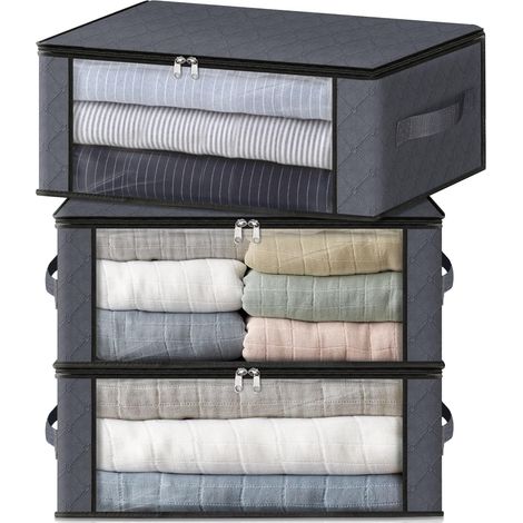 3er-Set faltbare Aufbewahrungsboxen mit großem Sichtfenster und stabilen Griffen für Kleiderschrank, Studentenwohnheim, Kissen, Bettwäsche, Kleidung, Decken, 35 l, grau