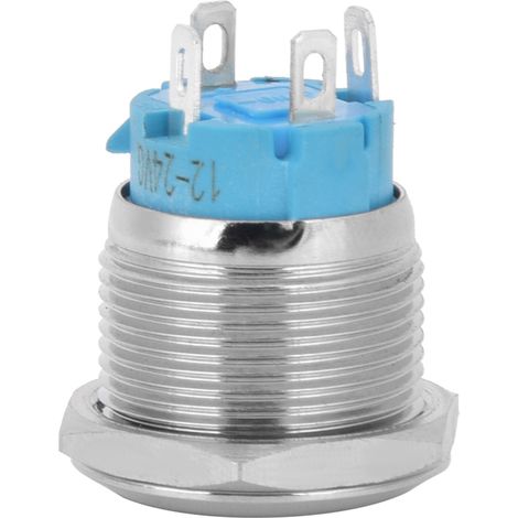 2 Stück 19 mm blaue LED-Momenttaster, Flachkopf, 4-polig, IP65 wasserdicht, 12–24 V DC (1/5)
