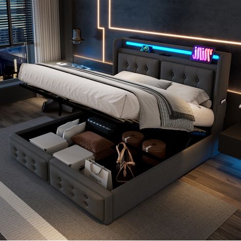 Lit coffre 180x200 cm en tissu coton et lin gris, tête de lit avec prises USB/Type-C, LED et sommier à lattes (1/5)