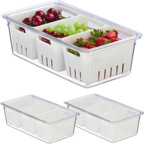 Relaxdays Kühlschrank Organizer, 3er Set, stapelbar, 3 Abtropfkörbe, Lebensmittel Organizer mit Deckel, transparent/weiß