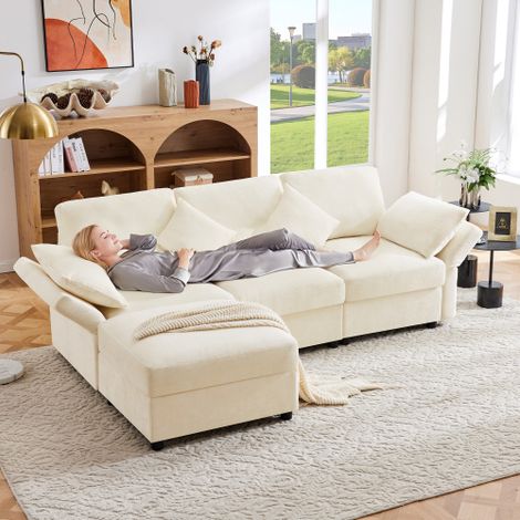 L‑förmiges Ecksofa mit Hocker, umwandelbar zu einem 3‑Sitzer, mit 4 Kissen und verstellbaren Armlehnen, aus komfortablem Chenille‑Stoff, geeignet für Wohnzimmer, Büro und Apartment, Beige. Mit Video.