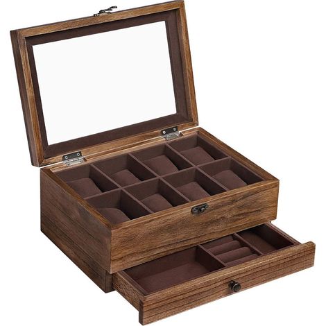 Scatola per orologi vetrina per gioielli scatola per gioielli in legno massello a 8 scomparti con anta in vetro e cuscini per anelli e braccialetti regalo di Natale marrone 120004390