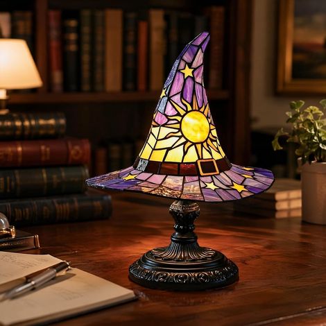 Lampe de table chapeau de sorcière en résine style vitrail, veilleuse chapeau de sorcier gothique pour Halloween, alimentation USB (1/5)