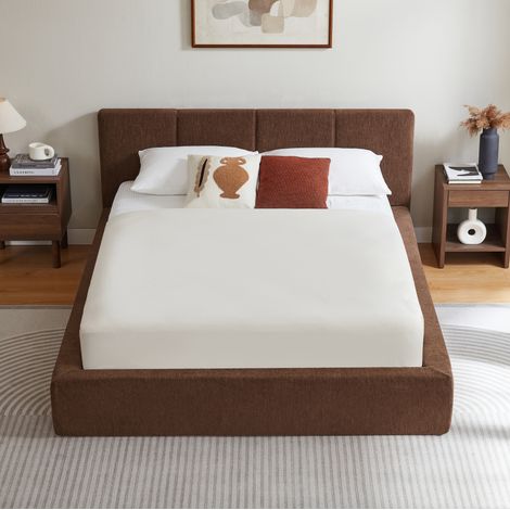 Cama doble 140x200 cm de acero y tela marrón, estructura reforzada estable, sin colchón – MEUBLIV (1/5)