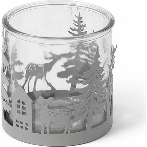 Portacandela in metallo grigio con alberi e renne, Ø12H12 cm (kit da 5)