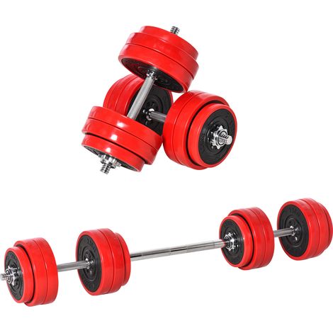 HOMCOM Set 2 in 1 Bilanciere e Manubri Pesi da 30kg, Dischi con Rivestimento in Plastica Antigraffio, Rosso e Nero (1/5)