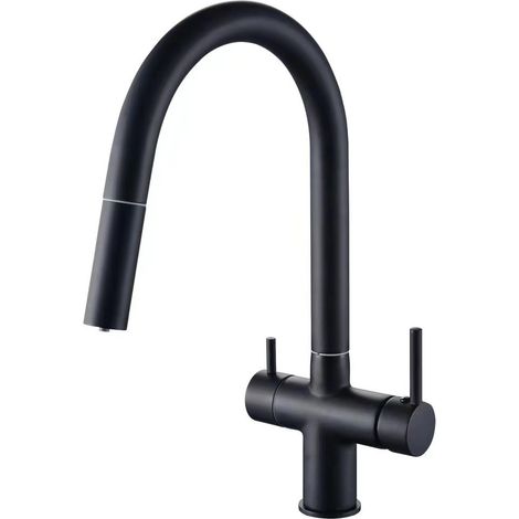 Russian Hot Selling All-Copper Pull-Out Kitchen Faucet, Hot and Cold Water Sink/Vegetable Washing Basin 3-in-1 Dual Control Water Purifier Faucet - Copper Body, Black, Large Curved Pull-Out Water Puri