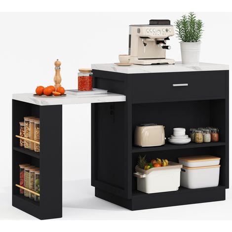 Îlot de cuisine avec table extensible pour 4 à 6 personnes, design bicolore, prise électrique, armoire de rangement, 2 tiroirs et 2 étagères latérales ouvertes