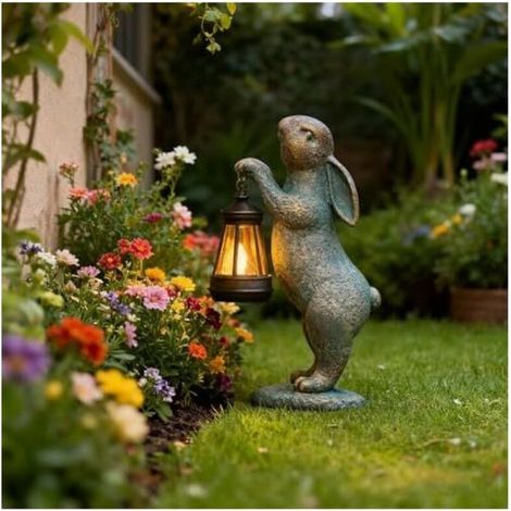 Statue Solaire de Jardin, Lapin avec Lumières Solaires en Résine Résistante aux Intempéries, Sculptures et Statues de Jardin Décoration pour Extérieur Patio, Pelouse