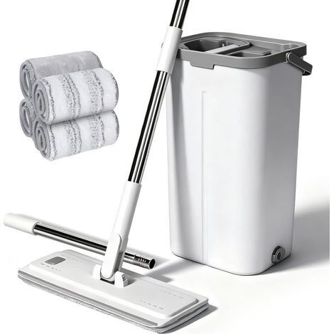 Serpillière Seau Essoreur, Serpillère Microfibre Plat avec Manche INOX, Balai Plat Rotative 360° avec 4 Serpillères Réutilisables, Balai Serpillière pour Nettoyage Tous Types de Sols (1/5)