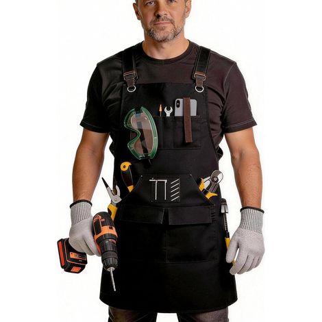 Tablier de Travail Homme en Toile Cirée 20oz – Robuste & Imperméable – Tablier Menuisier & Atelier avec 9 Poches, Aimant & Gants Anti-Coupure (Réglable S-XXXL (1/5)