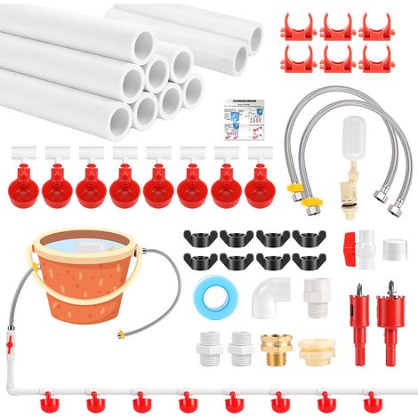 Sistema di abbeveraggio fai-da-te per polli: raccordi a T in PVC da 1/2" e abbeveratoio per polli con tubo in PVC, tubo in acciaio inossidabile e kit di alimentazione automatica.