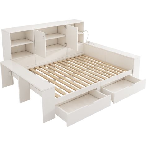 Cama con almacenaje 140x200 cm blanca con cajones y puertos USB/USB-C HOMVRA (1/5)