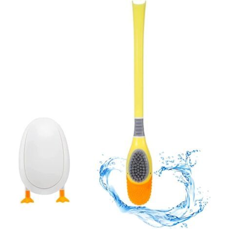 Brosse de Toilette en Canard de Plongée Balais WC Hygienique Salle de Bain Accessoires Balayette Silicone Poils Flexibles Poignée en Plastique Antidérapante avec Support Suspendu Mural, Jaune (1/5)