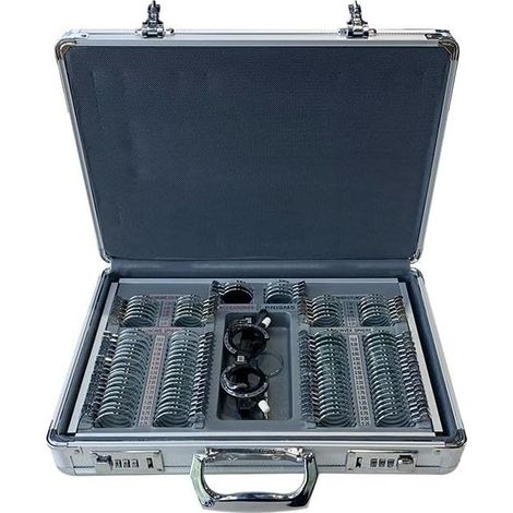 104 pièces Kit de lentilles d'essai optique lentilles optiques en métal équipement d'optométrie accessoires de Protection des yeux avec mallette de rangement en aluminium
