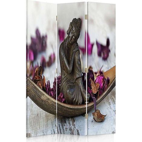 Paravent Design Zen Bouddha en Méditation 3 Panneaux - 110 x 180 cm - 1 face déco, 1 face noir