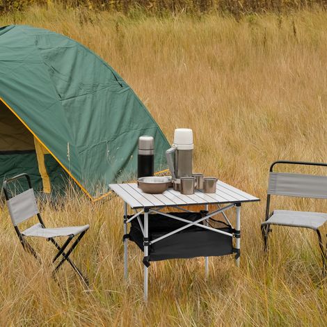 Klappbarer Campingtisch mit Netzaufbewahrung und Tragetasche für Garten und Picknick, 70 x 70 x 69 cm, Silber