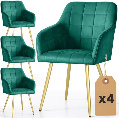 Lot de 4 Chaises rembourrées à surpiqûres carrées LUXANO Vert Bouteille pieds dorés (1/5)