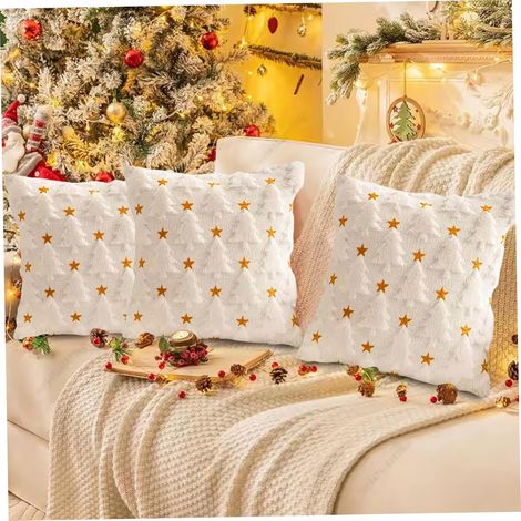 Set di 2 fodere per cuscini decorativi in morbida peluche per casa, camera da letto, divano, albero di Natale e stella - Bianco (1/4)