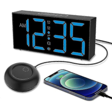 Réveil vibrant pour gros dormeurs, chiffres sonores importants, 5 niveaux de luminosité, noir et bleu, SZRHAdjustable (1/5)