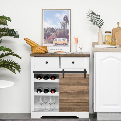 Mobile da cucina in stile rustico con anta scorrevole, portabottiglie, cassetti e ripiani per sala da pranzo/soggiorno, 80x39x86 cm, bianco (1/5)