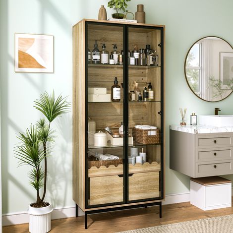 Mueble de almacenamiento vitrificado con estantes regulables, cajón, 75 x 35 x 170,8 cm HAVRYA (1/5)