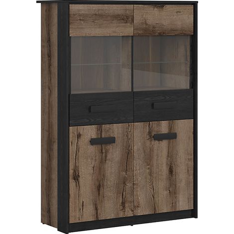 Vitrine à 4 portes, coloris Chêne marron foncé/Chêne noir - Longueur 100 x Profondeur 41 x Hauteur 145 cm (1/4)