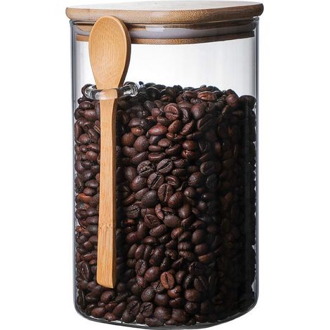 Bocal en verre avec couvercle en bambou et cuillère, bocal carré hermétique en verre transparent pour la conservation en cuisine, pour le sucre, les graines, le sel, le poivre, les épices - (27 FL OZ) (1/5)