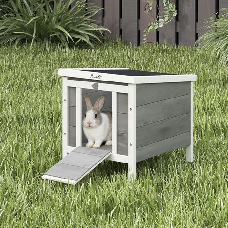 Clapier à lapin cage à lapin avec rampes/porte. toit ouvrant et étanche - en bois de sapin 51 x 42 43 x cm gris et blanc