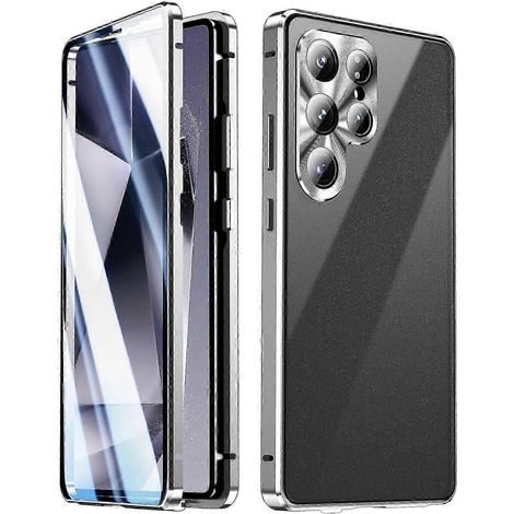 (Argent) Coque pour Samsung Galaxy S25 Ultra double face en verre trempé et métal magnétique avec boucle (1/5)