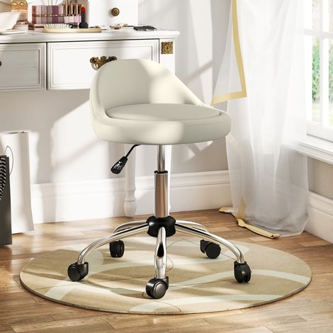 Rollhocker, 360° drehbarer Arbeitshocker, höhenverstellbar 53-73 cm, weißer Kunstlederbezug