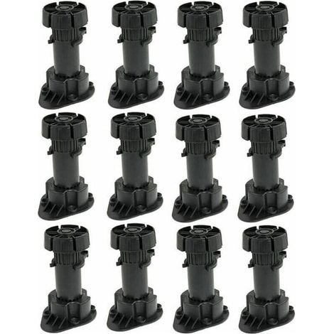 Lot de 12 Pied Réglable pour Meuble Pieds pour Armoire en Plastique avec Clip Fixation Base Hauteur 120 à 150mm