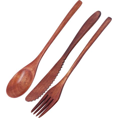 Ensemble de couverts portables en bois - Couteau, fourchette et cuillère - Ensemble de 3 pièces pour la maison et l'hôtel (1/5)