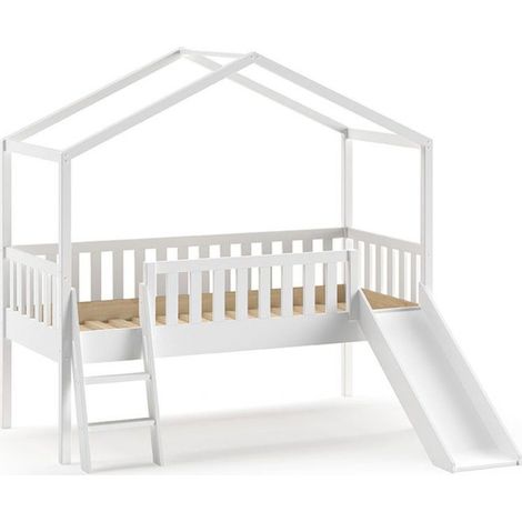 Lit Enfant Cabane, Échelle & Toboggan "Dallas" 90x200cm Blanc (1/4)