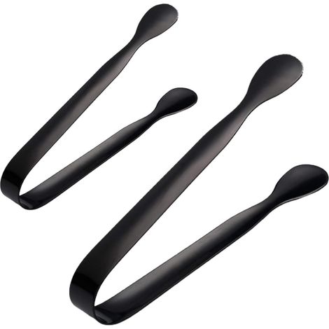 Zwei schwarze Edelstahl-Bonbonzangen, Salat-Eiszangen, Hochzeitszangen, Selbstbedienungsgrill, Löffel, Pfannenwender (1/5)