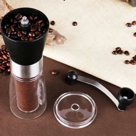 Moulin à Café - Manuel - Acier Inoxydable - Broyeur en Céramique - Compact - Argent (1/4)