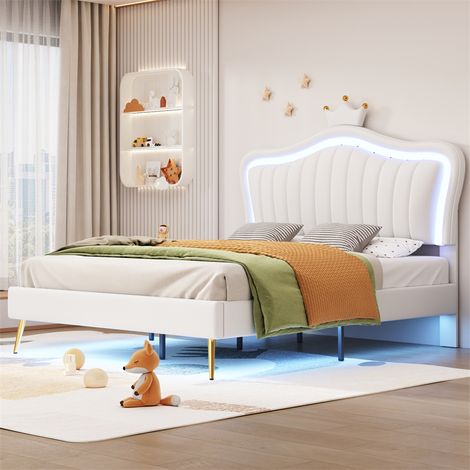 Lit adulte 140 x 200 cm - Lit double en cuir PU avec lampes LED et sommier à lattes et tête de lit en couronne (coiffure) pour adolescent - Blanc (1/5)