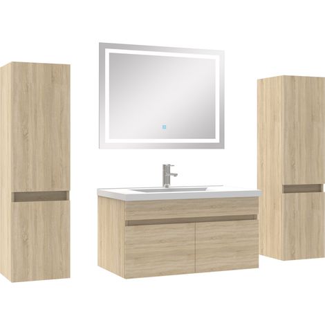 Ocean meuble Salle de Bain 80cm vasque + colonne + miroir lumineux Chêne Wotan (1/5)
