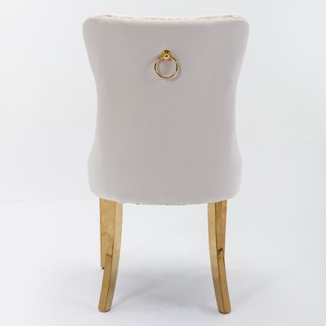 Chaise de Salle à Manger Design Moderne, Nikki Collection A&A Furniture, Assise en Velours Beige et Doré, Piètement en Acier Inoxydable Doré, Bois Massif, Clous Décoratifs, Lot de 2, DE1601BG (1/5)