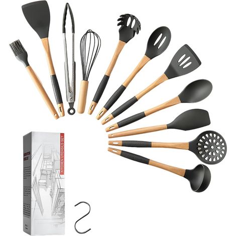 Juego de utensilios de cocina de 11 piezas fabricado en silicona antiadherente con obsequio, gancho de metal en forma de S, utensilios de gel de sílice y mangos de madera. (1/5)