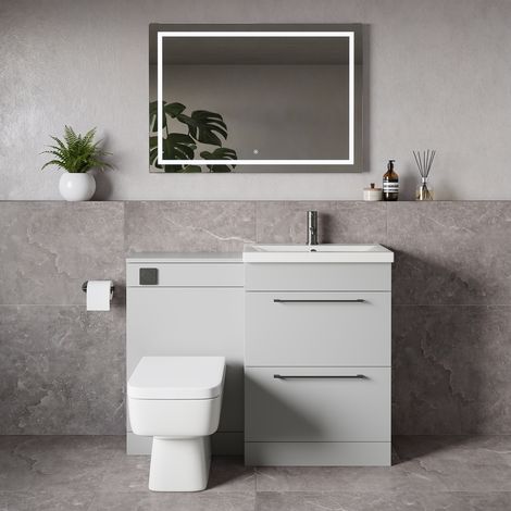Napoli 390 Gloss Grey Pearl 1100mm 2 Drawer Vanity Unit Toilet Suite with Glide Basin - 1100mm - Gunmetal Grey 320mm HandleWith Kingston Toilet Pan and Seat