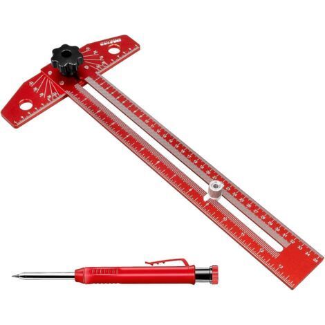 T-Winkelmesser mit Markierungslineal, 40 cm Winkelmesser aus Aluminiumlegierung, verstellbarer Holzbearbeitungswinkelmesser mit Gravur für Heimwerker, Schreiner und Architekten (Rot) (1/5)