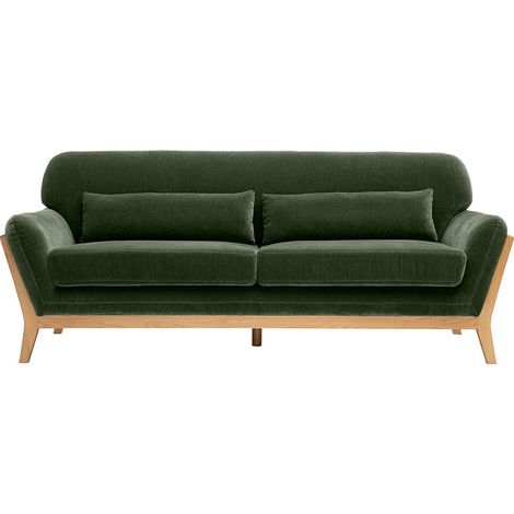 Canapé scandinave 3 places en tissu effet velours vert kaki et bois clair YOKO (1/5)