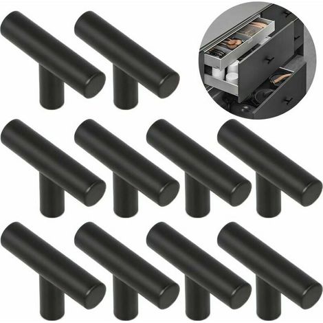 10 tiradores para puertas de cocina, 50 mm de separación entre agujeros, de acero inoxidable, color negro. (1/5)