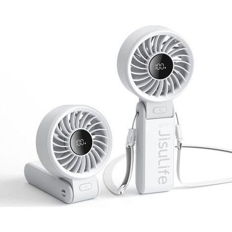 Ventilateur portable puissant avec écran LED, batterie 3600 mAh, réglable à 150°, 5 vitesses, doté d’une lanière pratique — modèle 2024