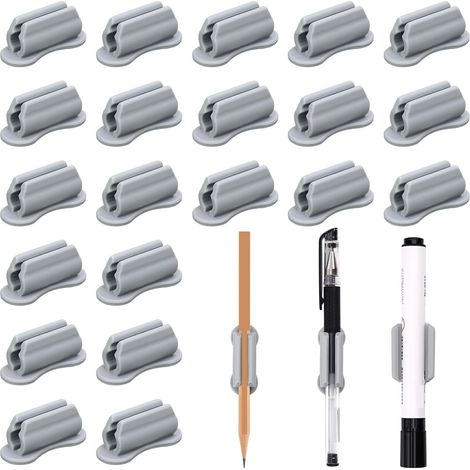 Paquete de 20 portalápices autoadhesivos de silicona - Gris - 2 × 4,7 cm - Ideales para escritorios, pizarras blancas, aulas y oficinas. (1/4)
