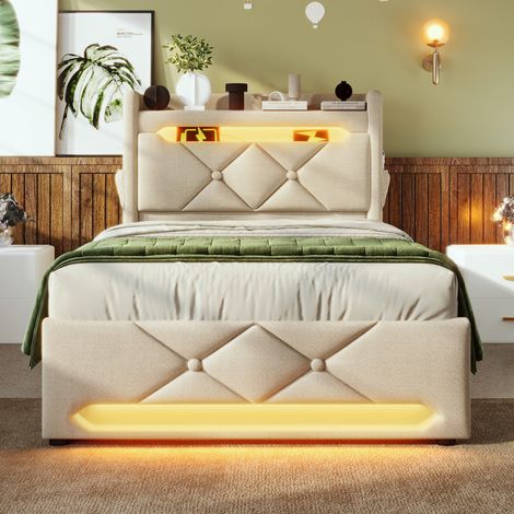 Lit Plateforme 90x200cm - Rangement Hydraulique - LED 360° et Ports USB/Type-C - Tête de Lit Rembourrée - Structure Métal - Capacité 150kg - Beige (1/5)