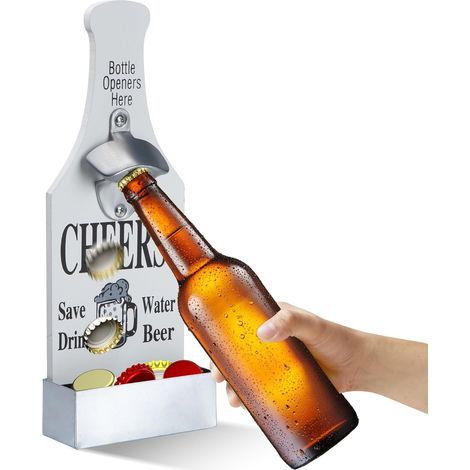 Décapsuleur Mural Personnalisé Ouvre-Bouteilles en Bois avec Récipient de Récupération Montage Facile Ouvre Bouteille pour Bar, Cuisine Ou Décoration Murale (1/5)